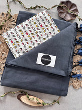 Dark Grey Handloom Cotton Saree With Animal Print Blouse